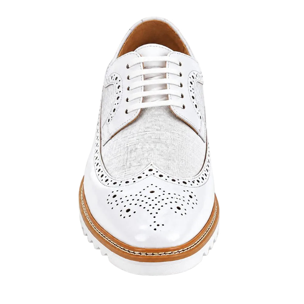 A white brogue oxford shoe with a textured woven fabric overlay, white laces, and a tan midsole, shown from a front-facing perspective on a white background.
