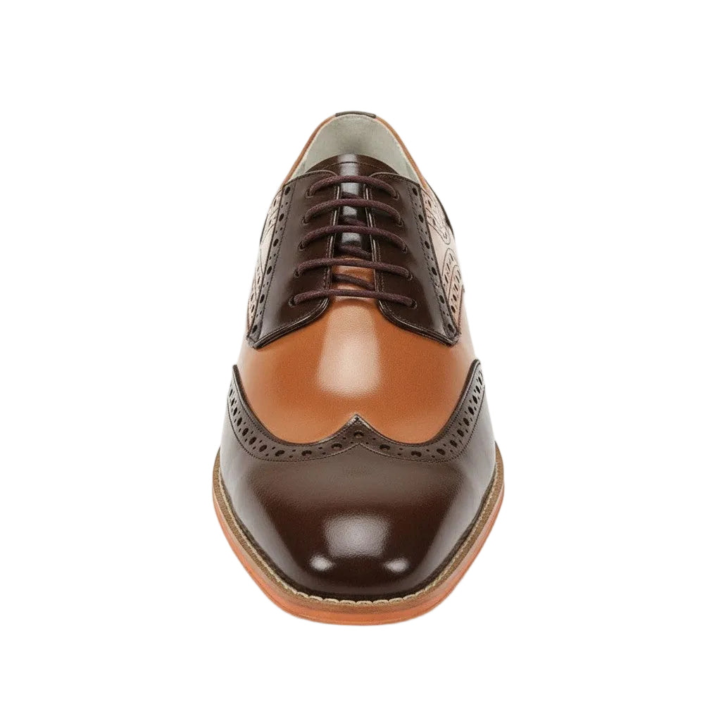 Brown and tan leather dress shoe on a white background