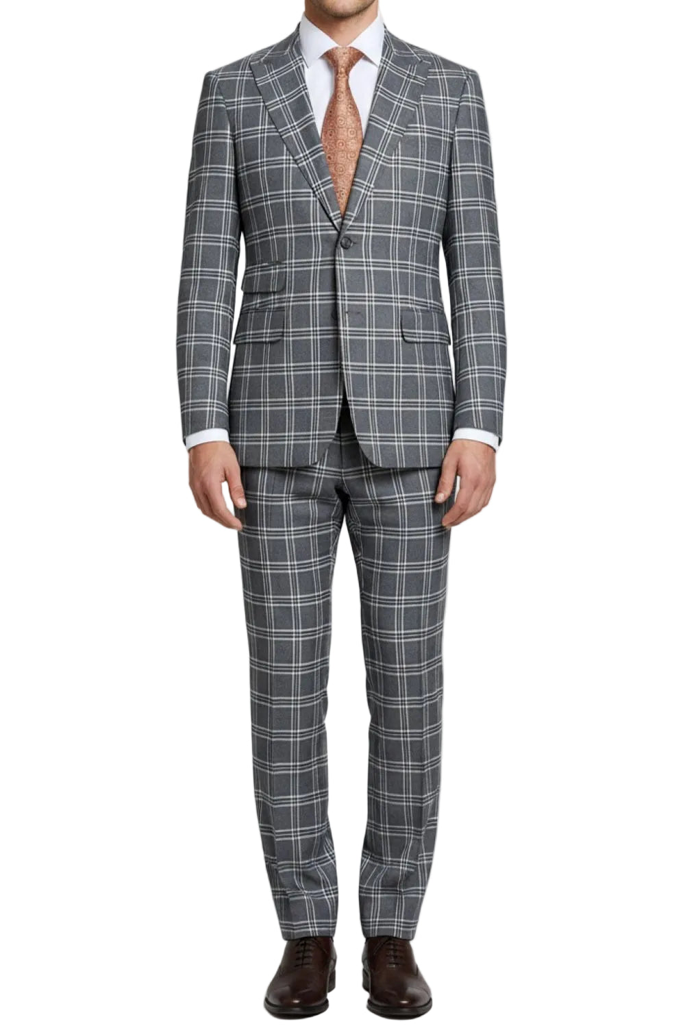 Gray checkered suit with a white shirt and brown tie on a light gray background