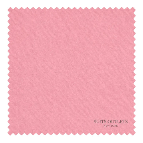 A square pink fabric swatch with serrated edges and the text 'SUITS OUTLETS NEW YORK' printed near the lower right corner, shown on a white background.