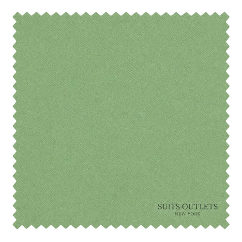 A square fabric swatch with serrated edges in a muted sage green color, featuring the text 'SUITS OUTLETS NEW YORK' printed in the lower right corner, set against a plain white background.