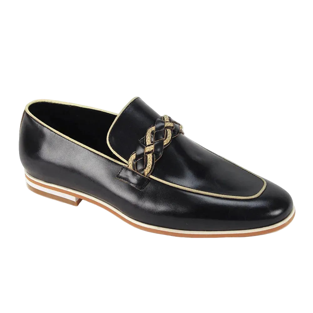 Tudor Collection - Black Leather Moc-Toe Woven Strap Dress Shoe