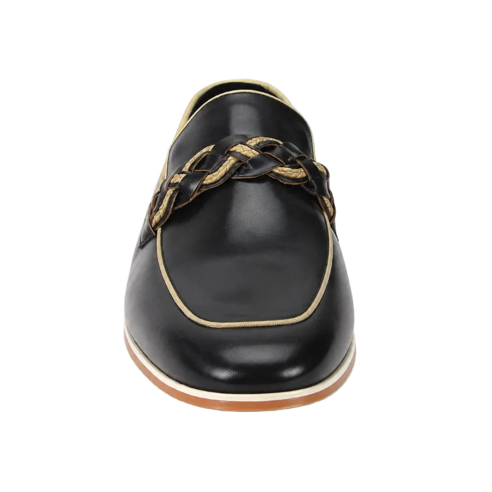 A black leather loafer with a braided gold and black strap across the vamp, contrast gold piping, and a tan and white sole, shown from a front-facing perspective on a white background.