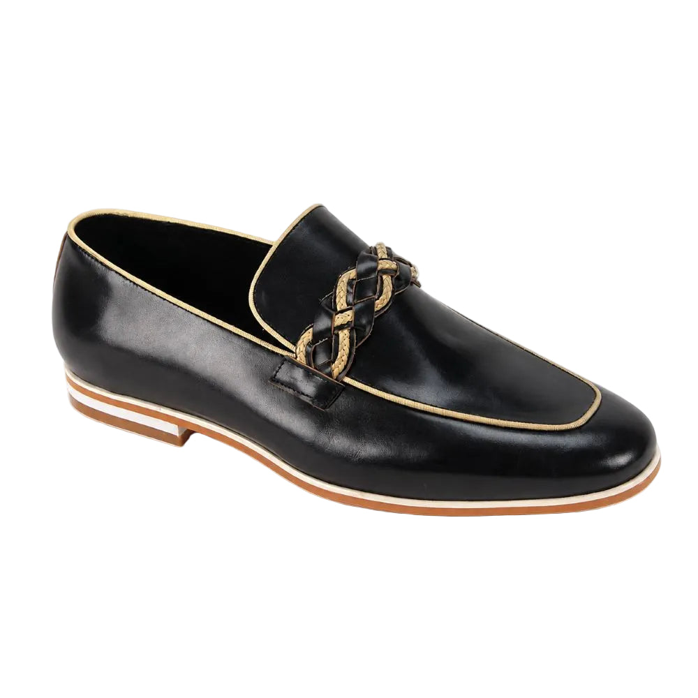 Tudor Collection - Black Leather Moc-Toe Woven Strap Dress Shoe