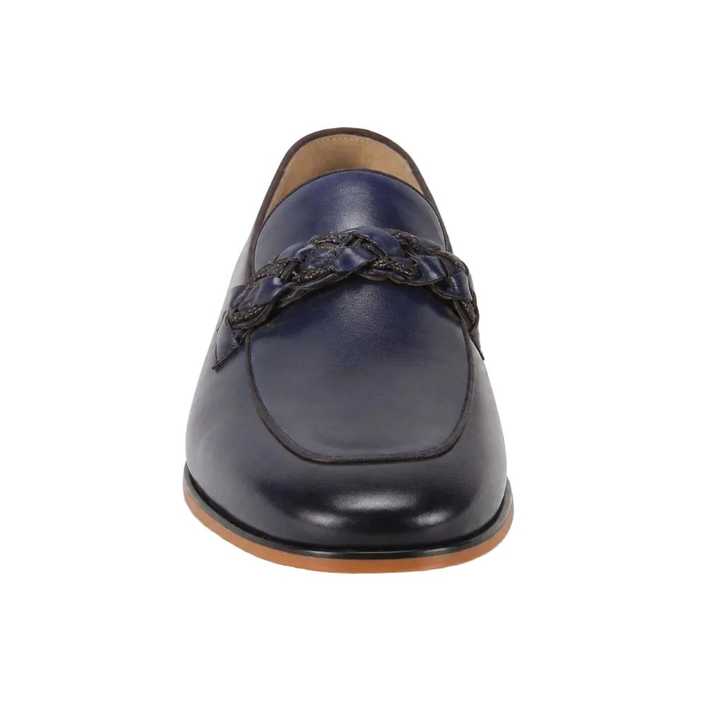 A single navy blue leather loafer with a braided tassel strap, shown from a front-facing perspective on a clean white background.