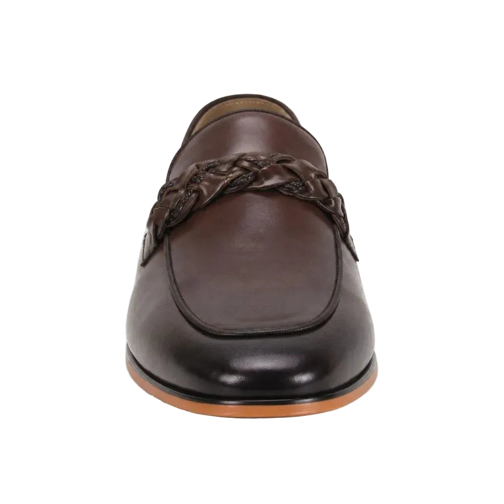 A dark brown leather loafer with a braided tassel detail across the vamp, shown from a front-facing perspective on a white background.