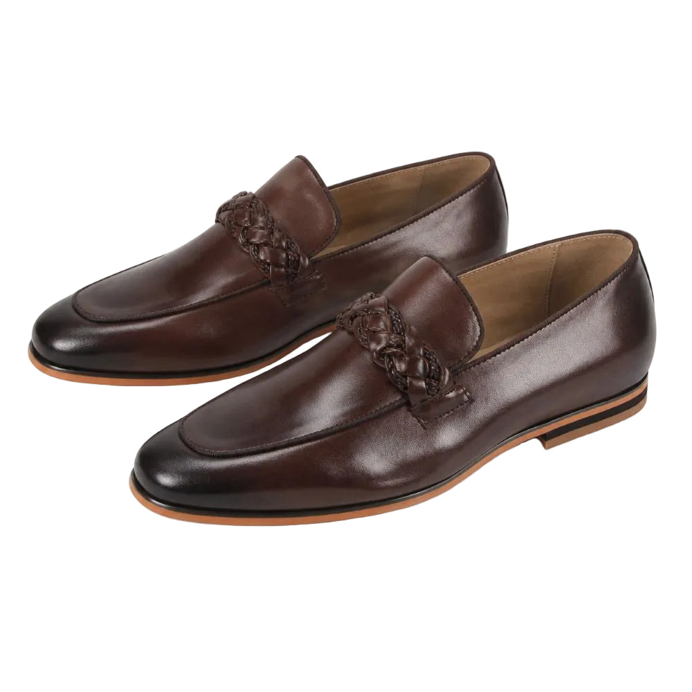 A pair of dark brown leather penny loafers with braided detailing across the vamp, displayed on a clean white background.