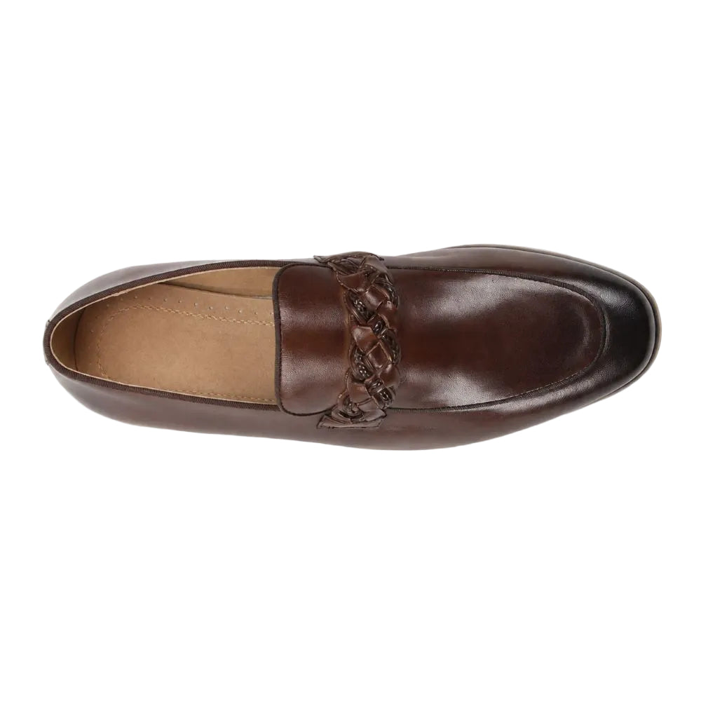 A single dark brown leather loafer shown from a top-down view on a plain white background.