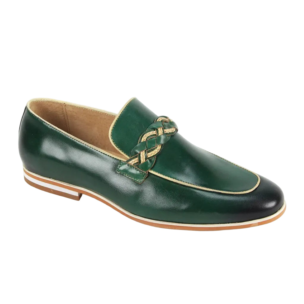 Tudor Collection - Green Leather Moc-Toe Woven Strap Dress Shoe