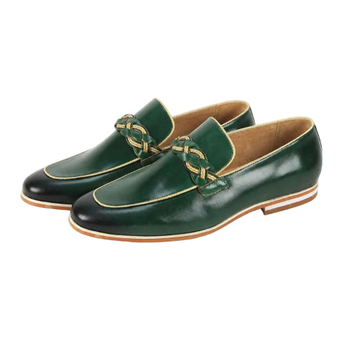 A pair of dark green leather loafers with a decorative braided strap across the vamp and a black toe cap, shown on a plain white background.