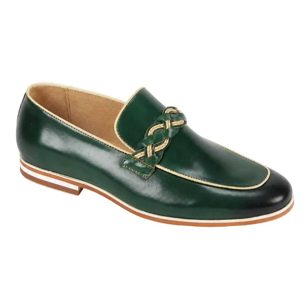Tudor Collection - Green Leather Moc-Toe Woven Strap Dress Shoe
