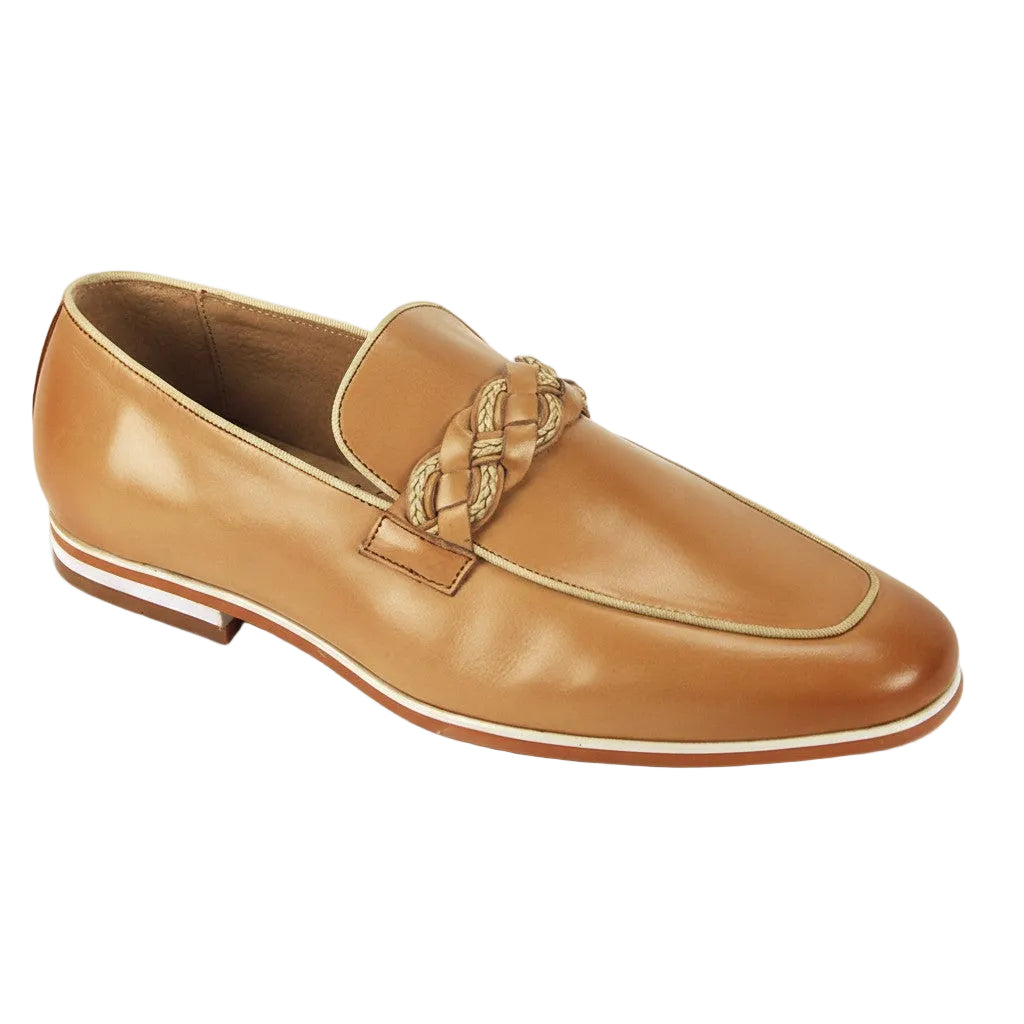 Tudor Collection - Latte Leather Moc-Toe Woven Strap Dress Shoe