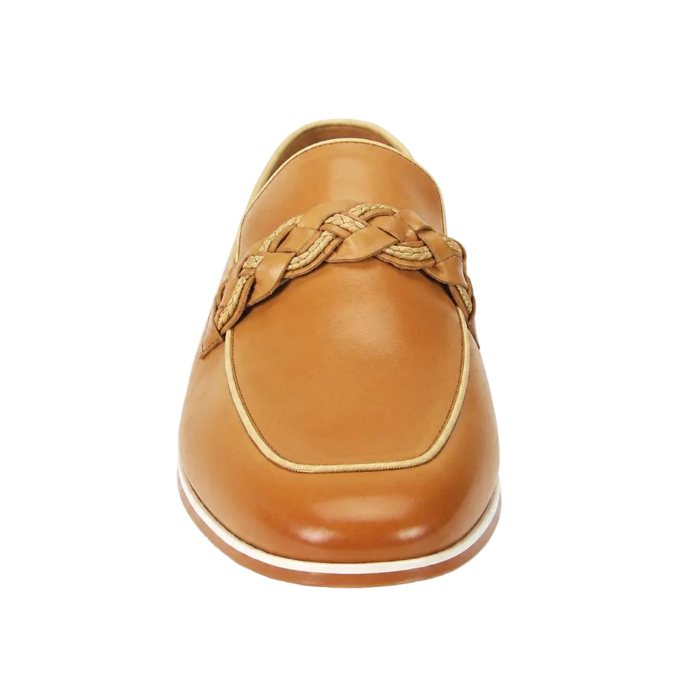 A tan leather loafer with a braided leather detail across the vamp, shown from a front-facing perspective on a white background.