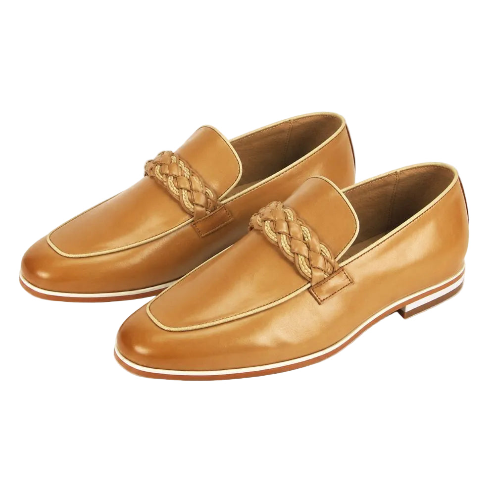 A pair of tan leather slip-on loafers with braided detailing across the vamp, displayed on a clean white background.
