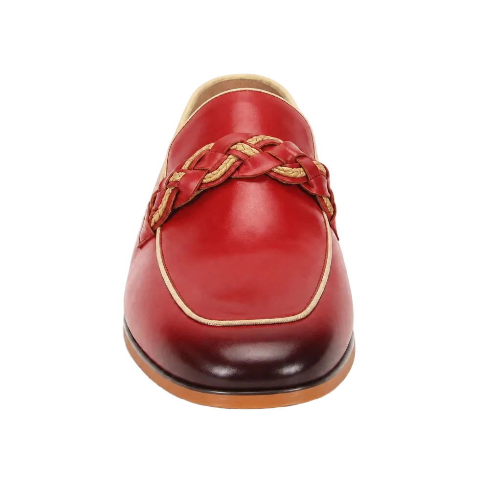 A single red leather loafer with a braided gold strap across the vamp and contrast gold piping, shown from a front-facing perspective on a white background.
