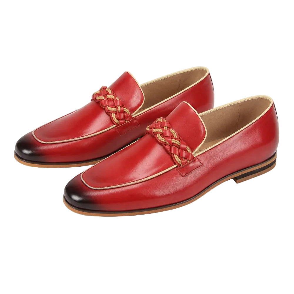 A pair of men's red leather loafers with a braided tan strap across the vamp and dark pointed toes, shown on a clean white background.
