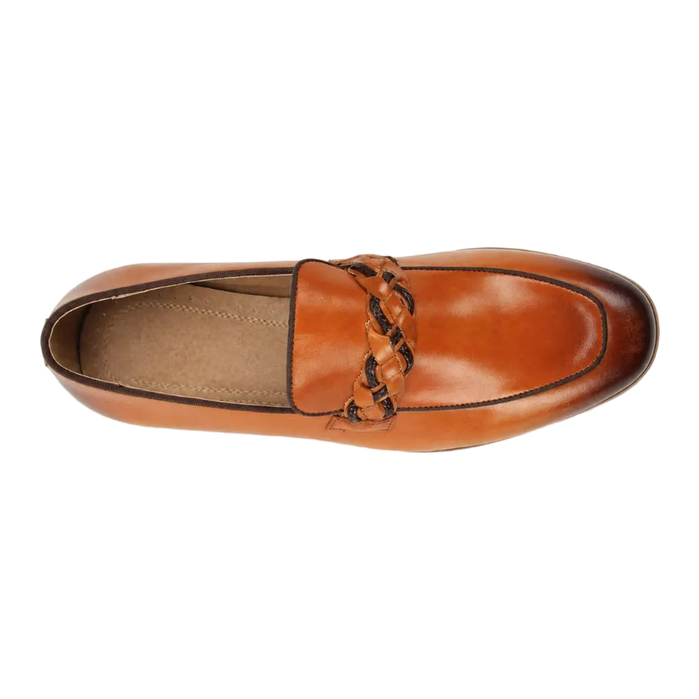 A single tan leather loafer with a braided tassel detail across the vamp, shown from a top-down view on a white background.