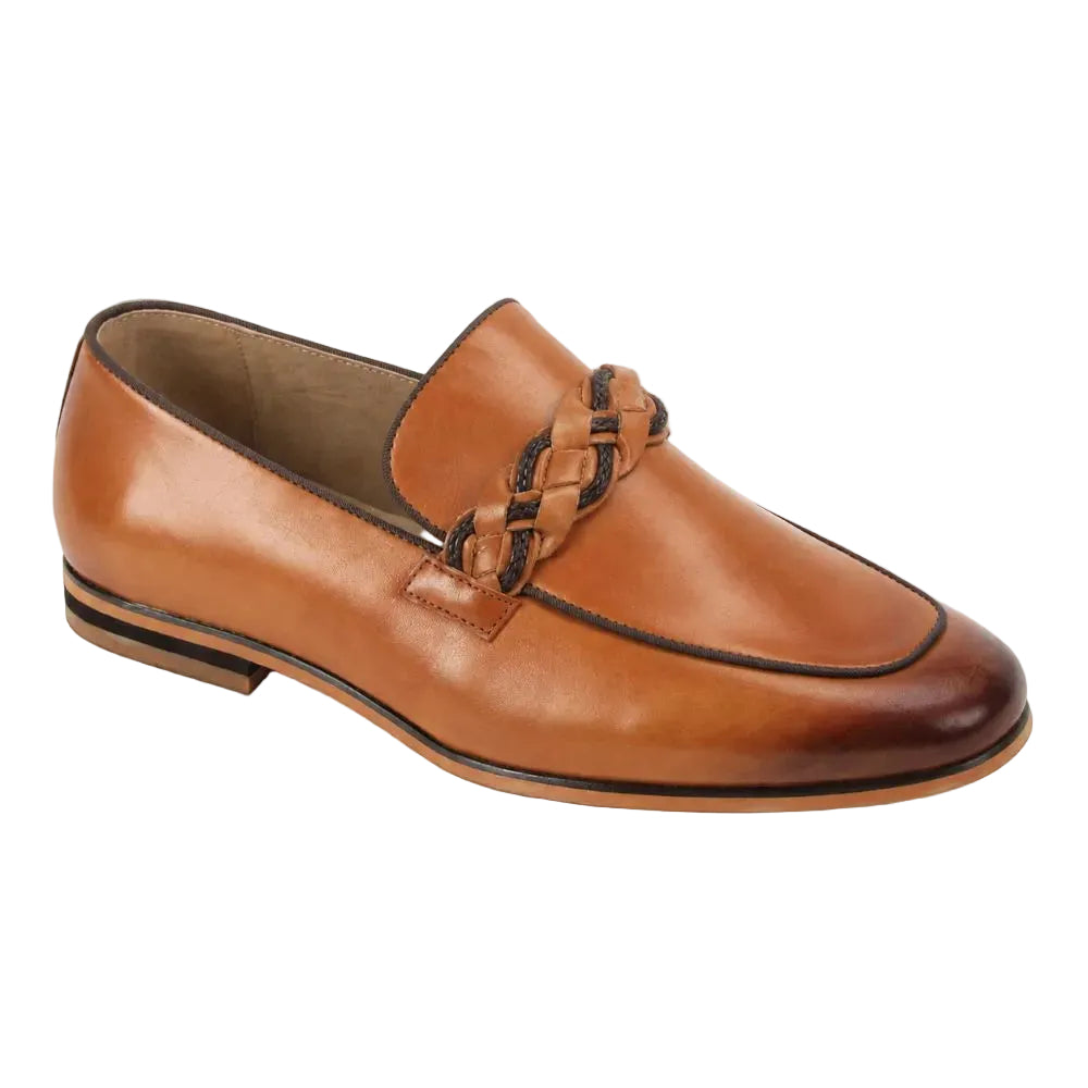 Tudor Collection - Tan Leather Moc-Toe Woven Strap Dress Shoe