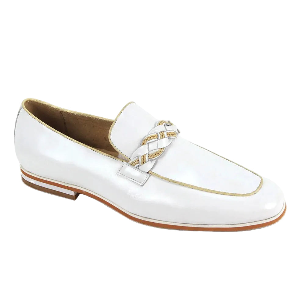 Tudor Collection - White Leather Moc-Toe Woven Strap Dress Shoe