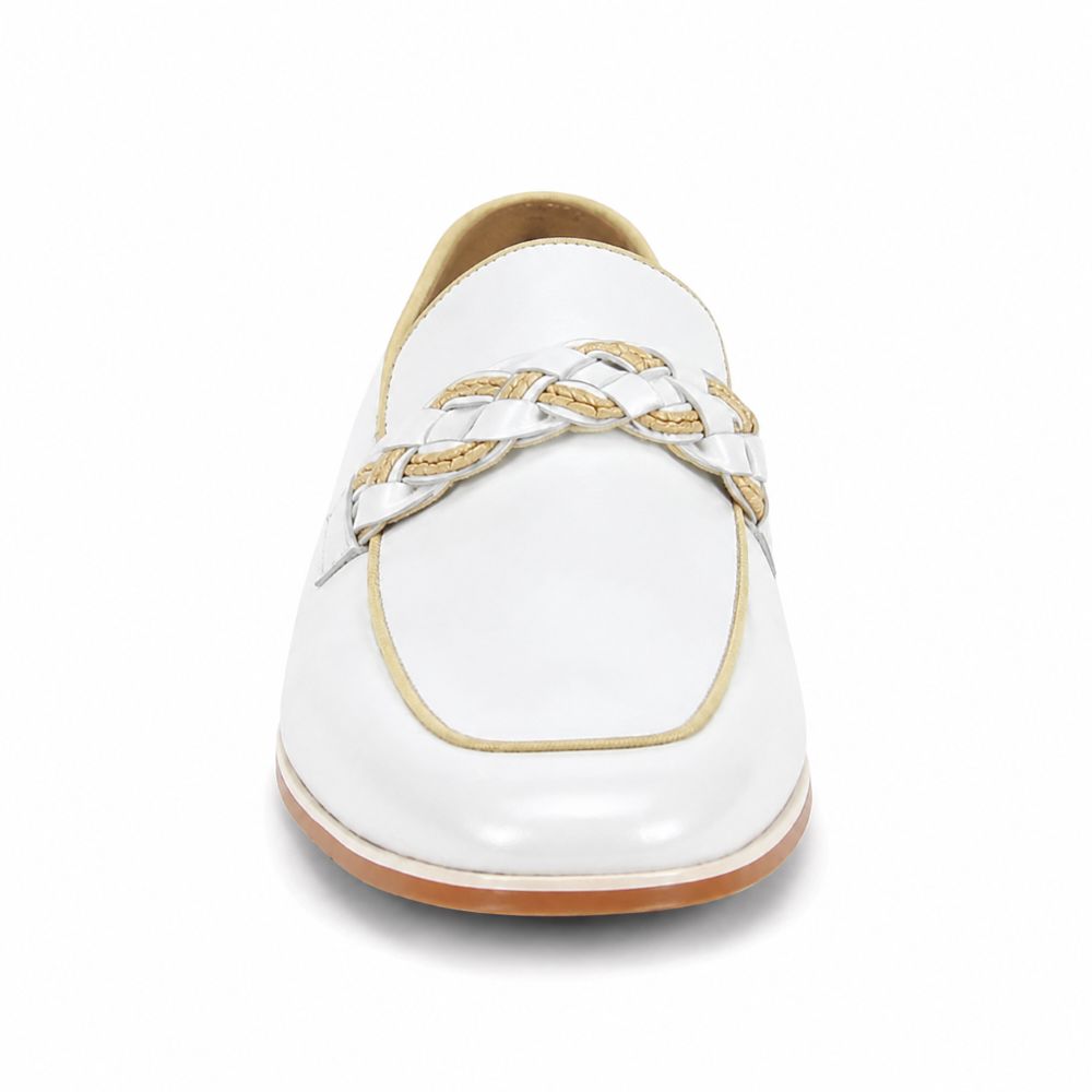 A white leather loafer with a decorative braided strap across the vamp and gold piping details, shown from a front-facing perspective on a white background.