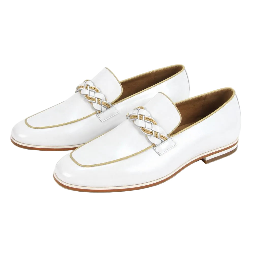 A pair of white leather loafers with gold braided detailing across the vamp, displayed on a clean white background.
