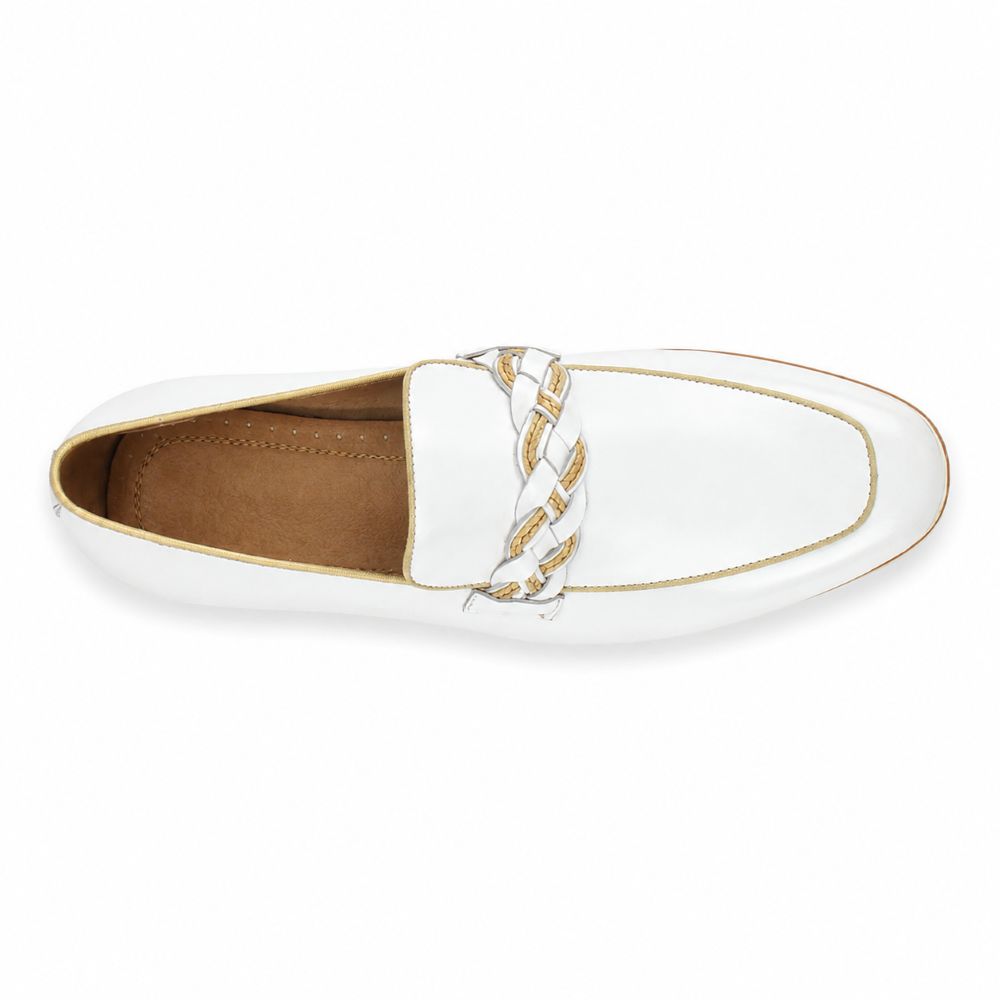 A white leather loafer with a decorative braided strap in white and gold across the vamp, shown from a top-down view on a white background.