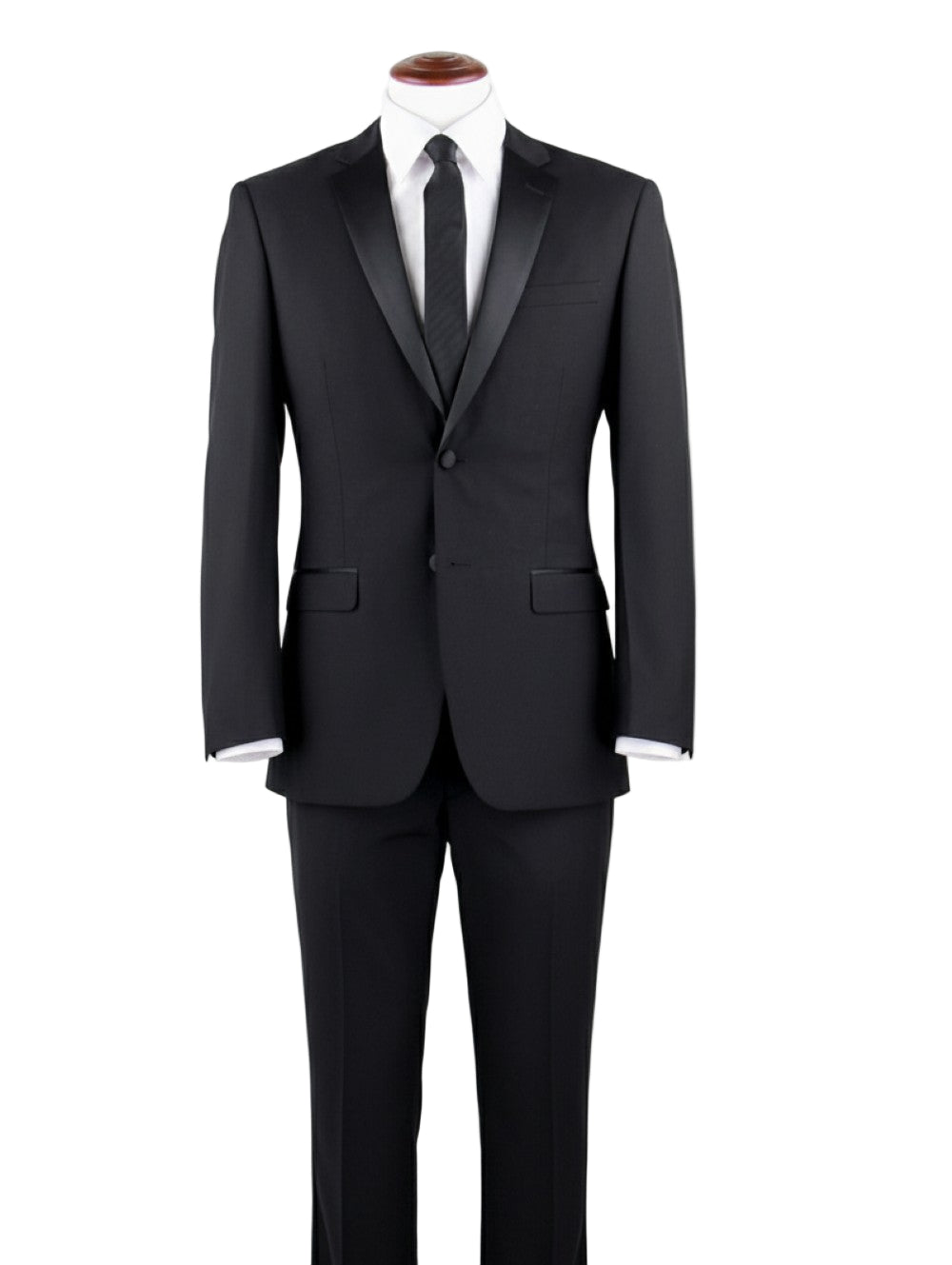 Black suit with white shirt and black tie on a mannequin against a white background