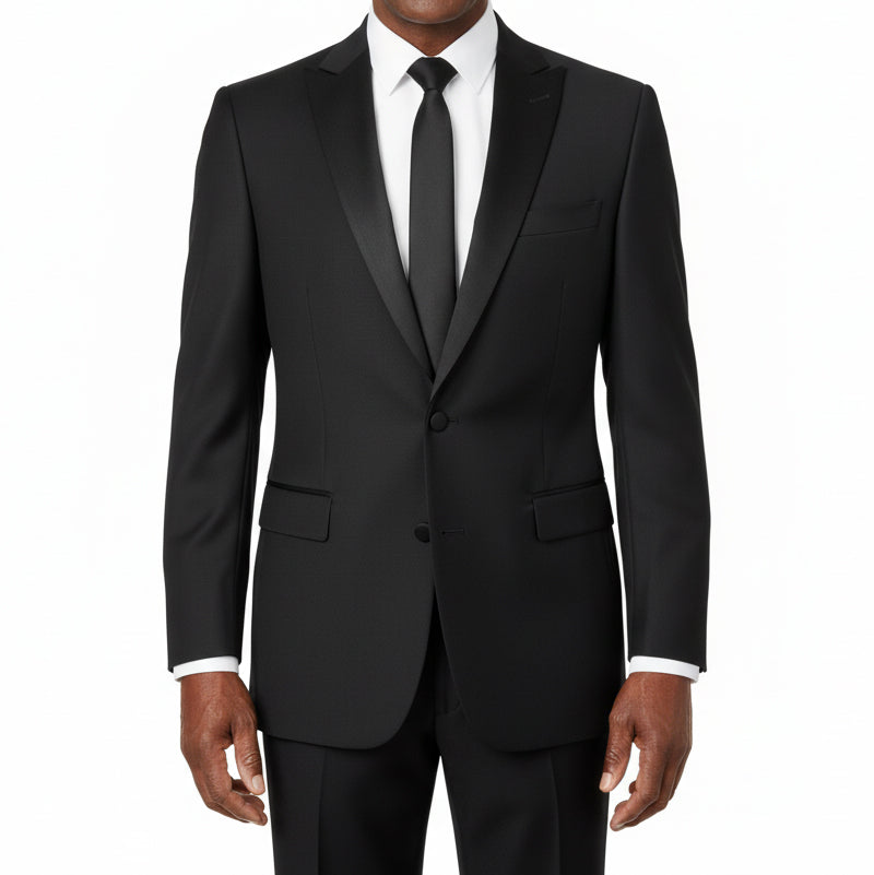 Black tuxedo with a white shirt and black tie on a white background