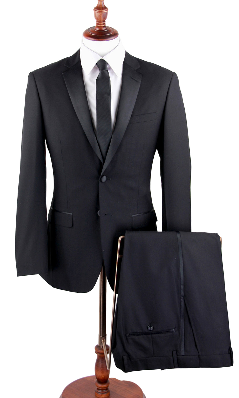 Black suit on a mannequin with a white background