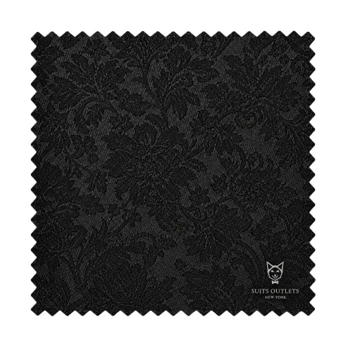 A square black fabric swatch with serrated zigzag edges, featuring a subtle dark damask pattern. The Suits Outlets New York logo is printed in white in the bottom right corner.