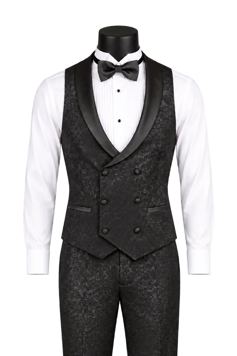 A men's formal tuxedo vest and matching trousers in a textured black and gray pattern, styled with a white pinstripe shirt, black bow tie, and black satin lapels, displayed on a black mannequin torso against a light gray background.