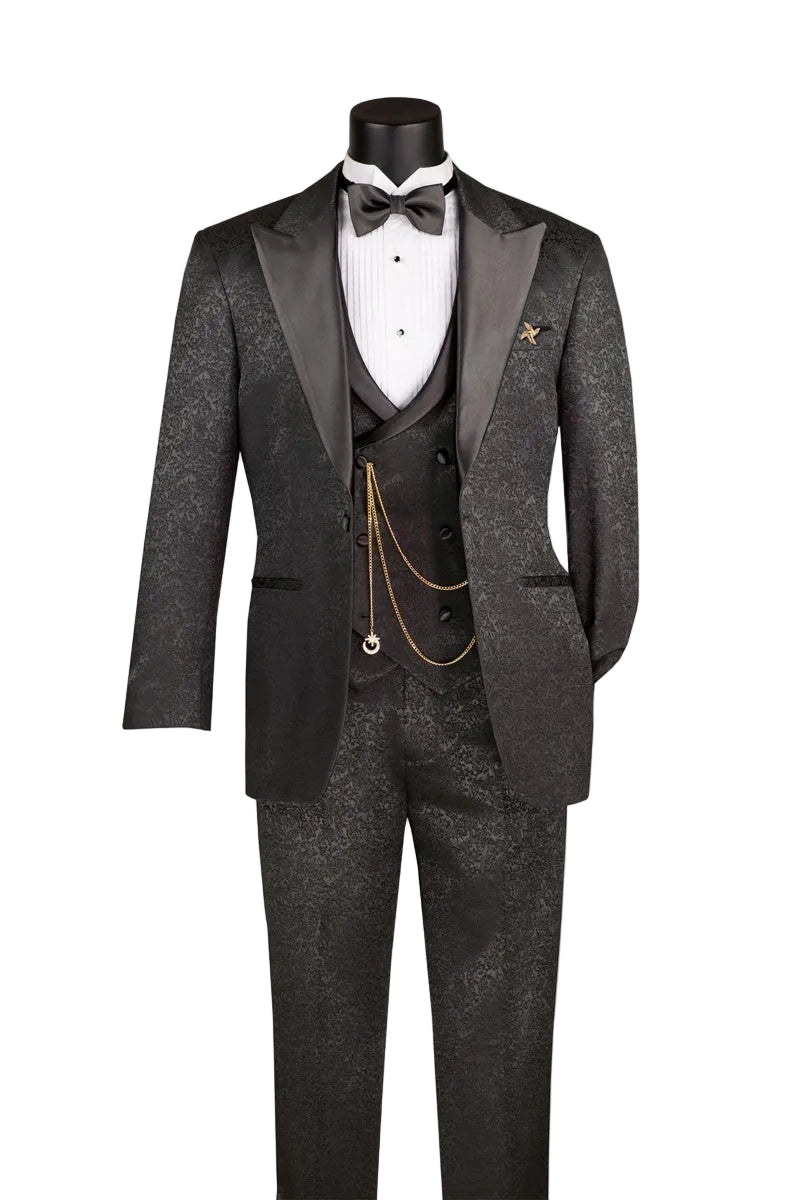 Black Slim Fit 3 Piece Jacquard Pattern Peak Lapel Tuxedo