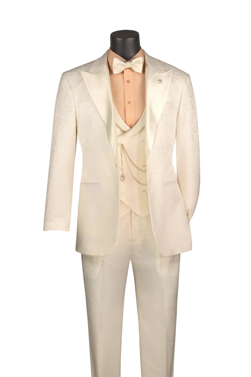 Pearl Slim Fit 3 Piece Jacquard Pattern Peak Lapel Tuxedo