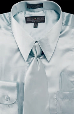 Satin Dress Shirt Regular Fit in Light Blue With Tie And Pocket Square