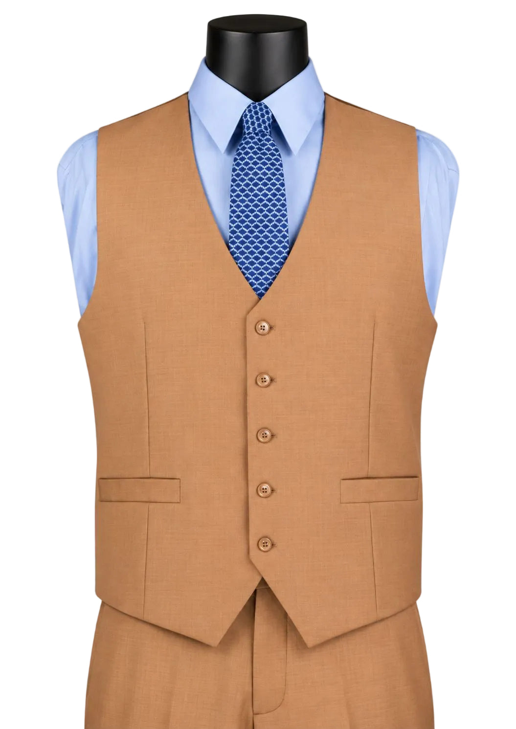 A men's tan suit vest displayed on a black mannequin torso, styled with a light blue dress shirt and a blue patterned tie against a light gray background.