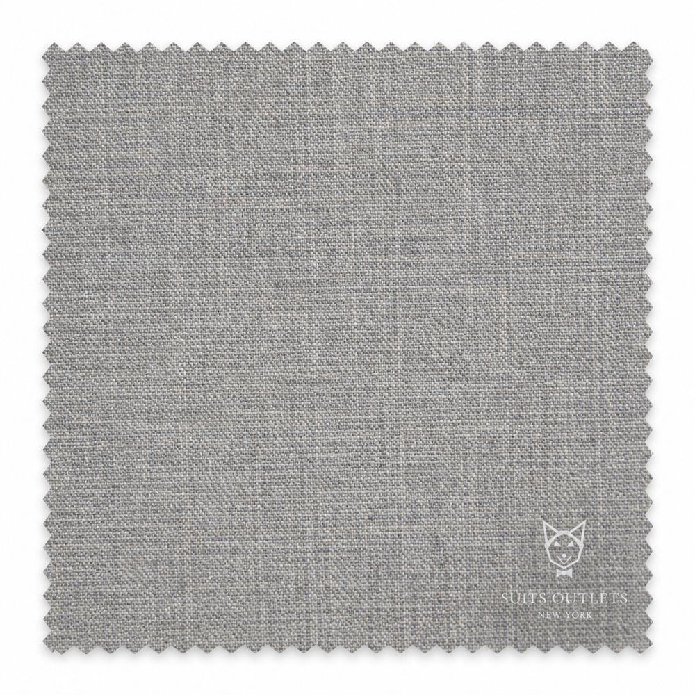 A square gray fabric swatch with serrated edges, showing a fine woven texture. A small white 'SUITS OUTLETS' logo is printed in the bottom right corner, set against a plain white background.