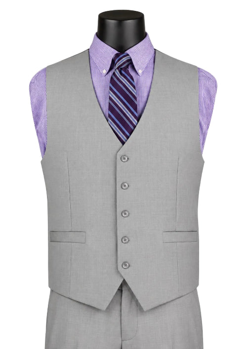 A light gray men's suit vest displayed on a black mannequin torso, styled with a lavender striped dress shirt and a purple and blue striped tie against a plain light gray background.