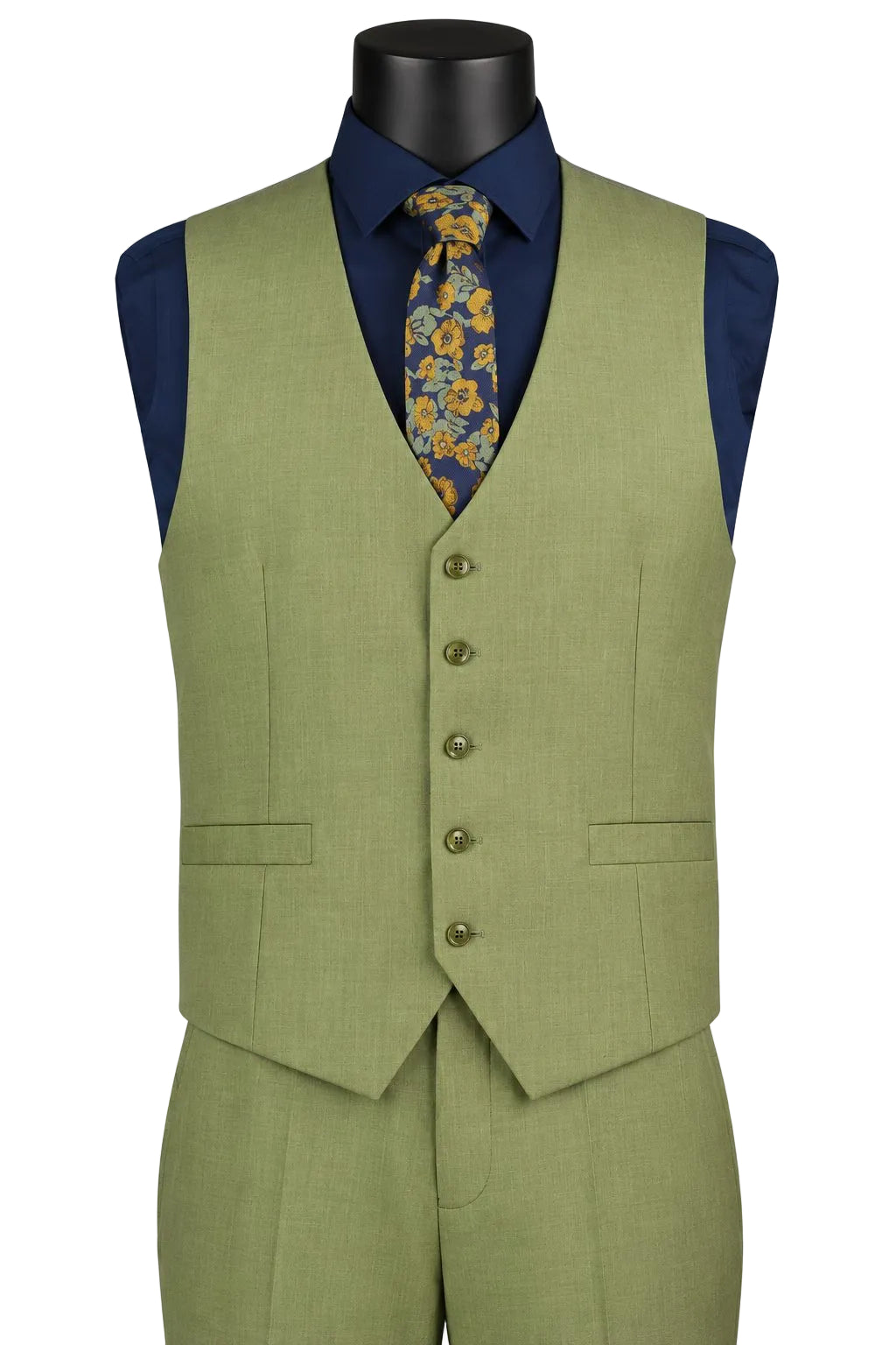 An olive green suit vest displayed on a black mannequin torso, styled with a navy blue dress shirt and a blue and gold floral patterned tie, against a light gray background.