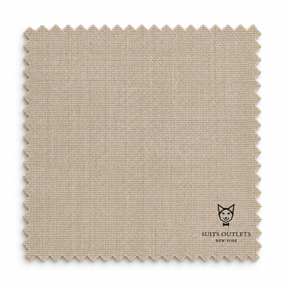 A square fabric swatch with scalloped edges in a light beige linen-like material, featuring a small black logo for 'Suits Outlets New York' in the bottom right corner, set against a plain white background.