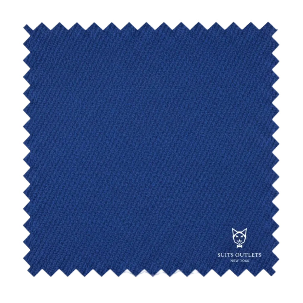 Blue fabric swatch with 'Suits Outlets' branding on a white background