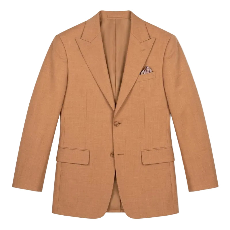 A tan double-breasted suit jacket with notch lapels, two front buttons, flap pockets, and a small patterned pocket square in the chest pocket, shown on a plain white background.