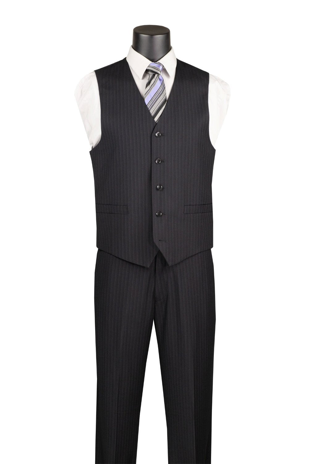 Black pinstripe suit vest and pants on a mannequin against a white background