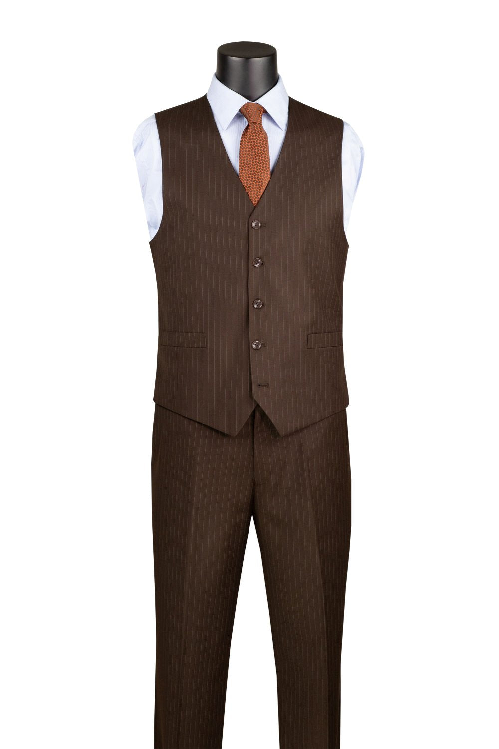 Brown pinstripe suit with vest and tie on a mannequin against a white background