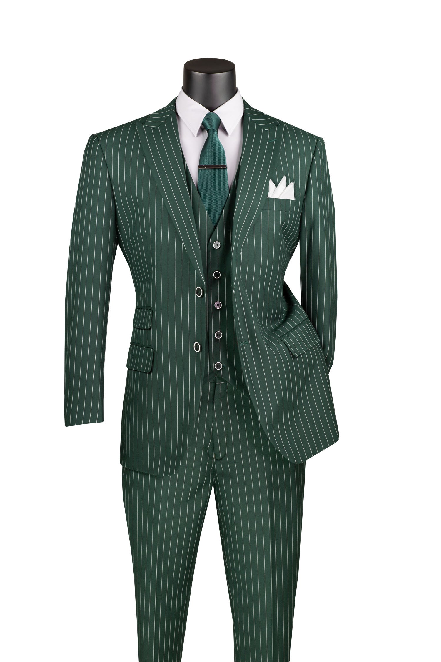 Odyssey Collection - Hunter Green Regular Fit 3 Piece Suit 2 Button Gangster Stripe