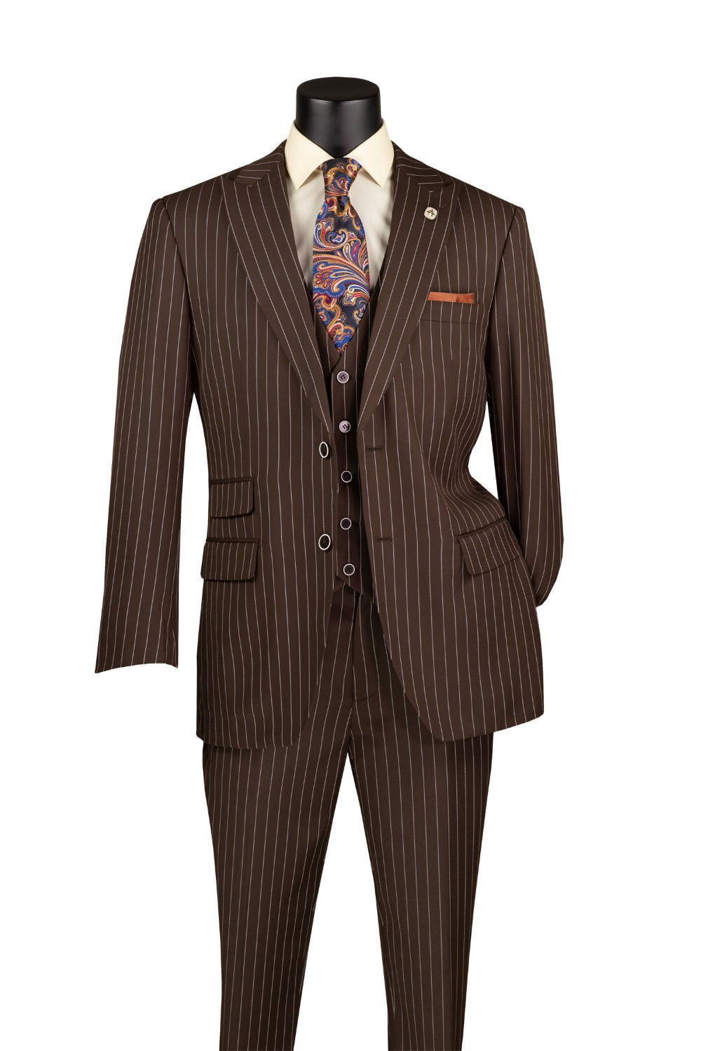 Odyssey Collection - Brown Regular Fit 3 Piece Suit 2 Button Gangster Stripe
