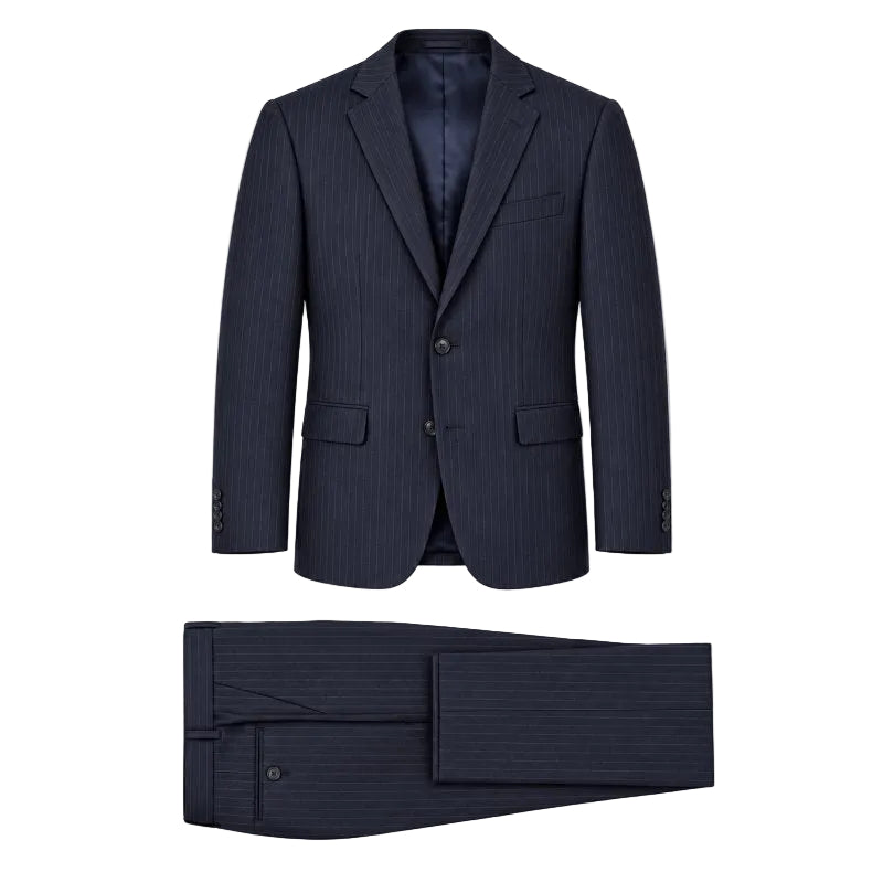 A navy blue pinstripe suit set consisting of a two-button blazer and matching trousers, displayed flat against a clean white background.