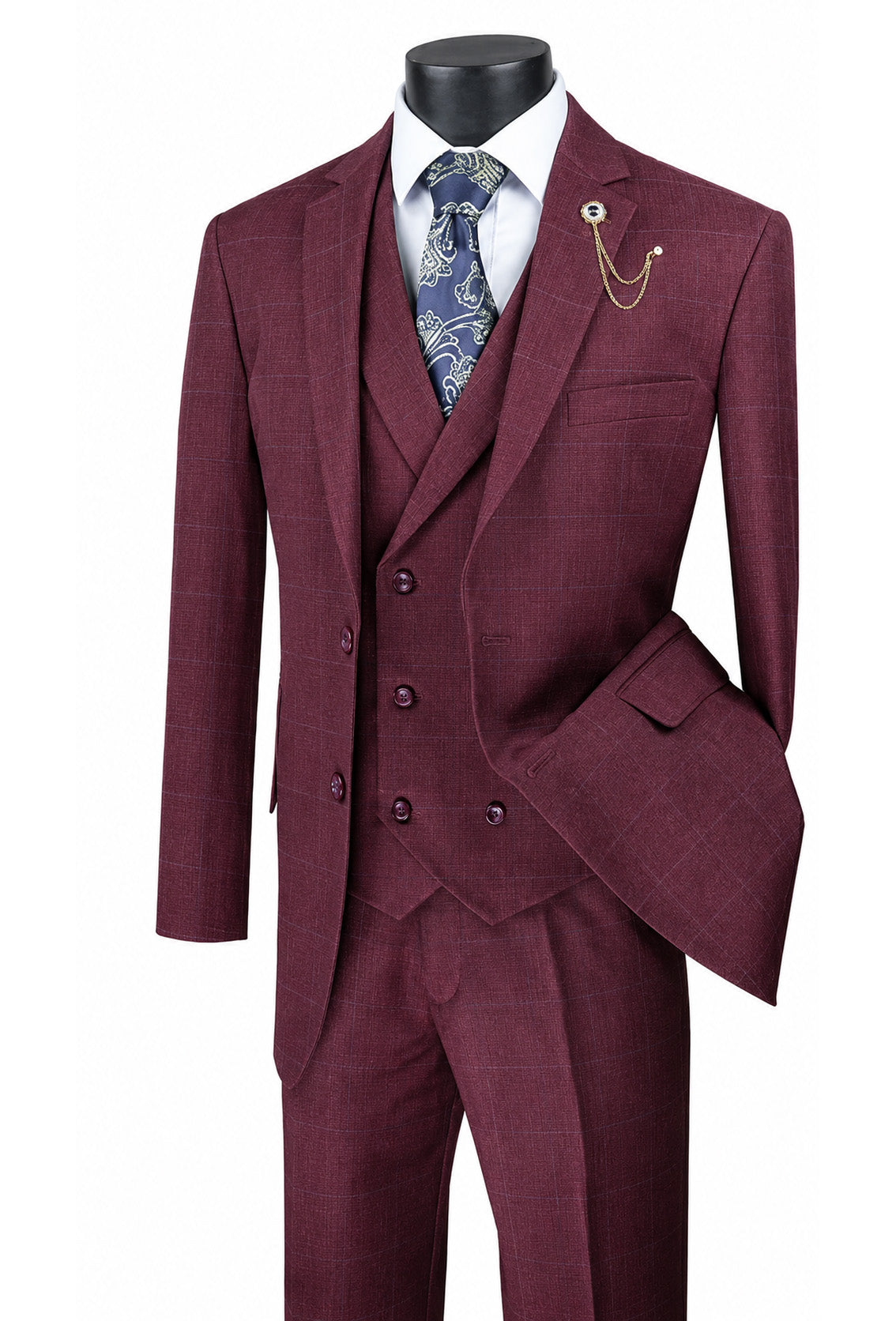 Burgundy suit with a patterned tie on a mannequin against a white background