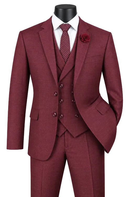 Venetian Collection - Burgundy Regular Fit Glen Plaid 2 Button 3 Piece Suit