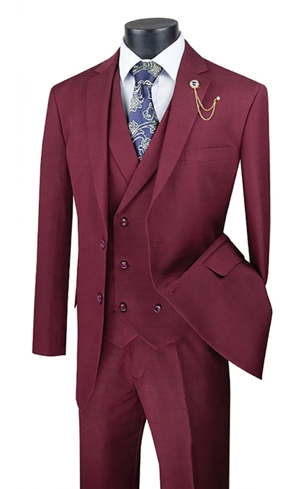 Burgundy suit with a patterned tie on a mannequin against a white background