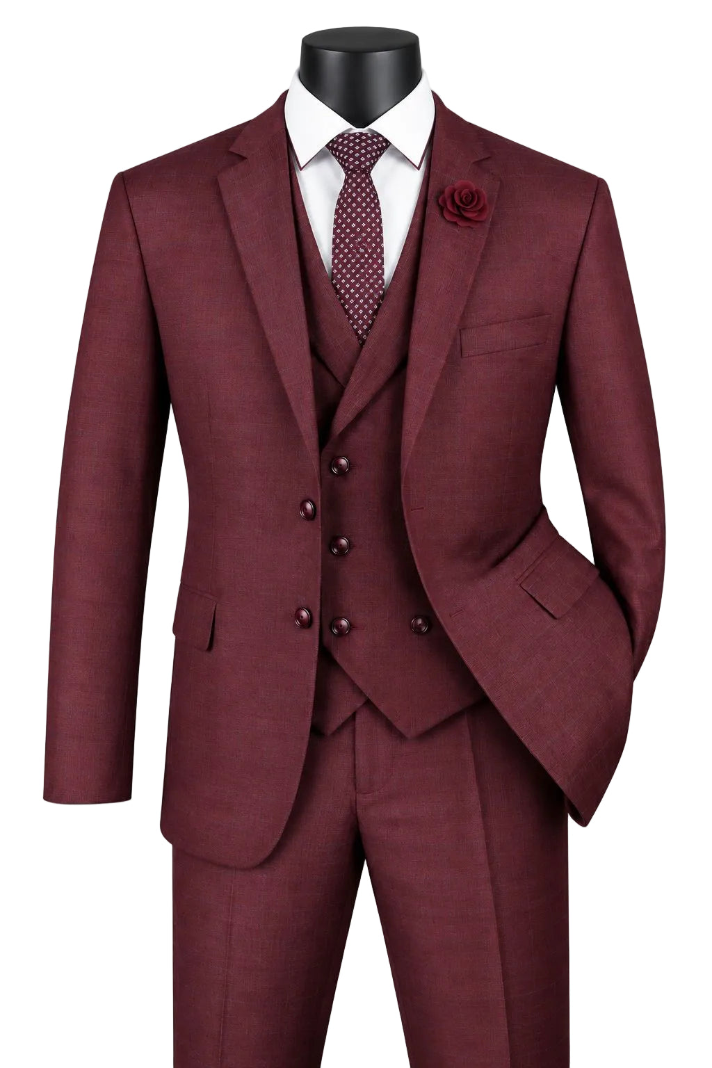 Venetian Collection - Burgundy Regular Fit Glen Plaid 2 Button 3 Piece Suit